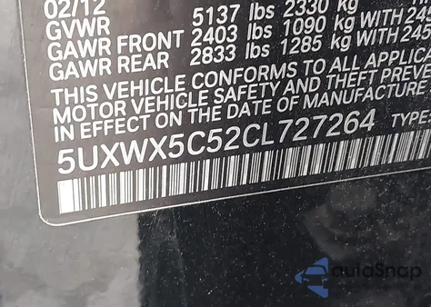 2012 BMW X3 xDrive28I from USA, damaged, VIN 5UXWX5C52CL727264